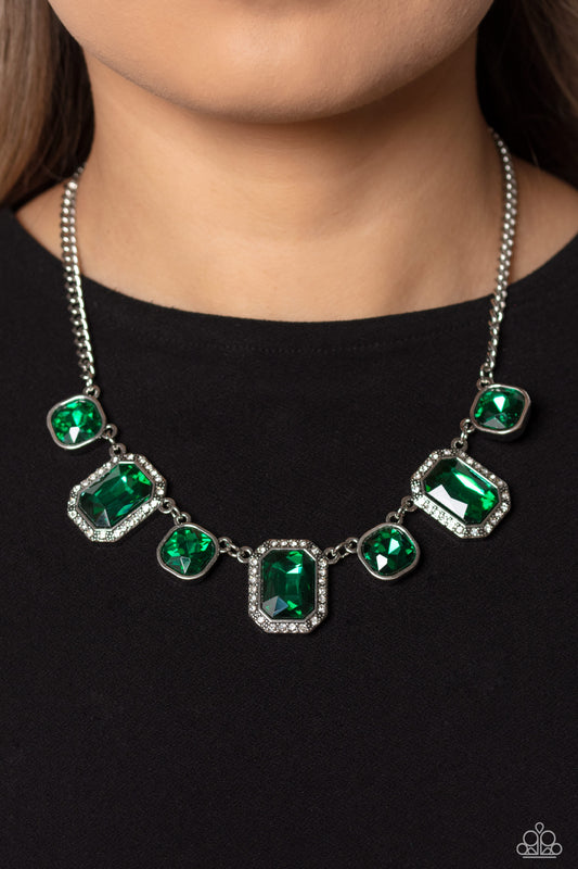 Royal Rumble - Green Emerald Gem White Rhinestone Necklace Paparazzi N1547