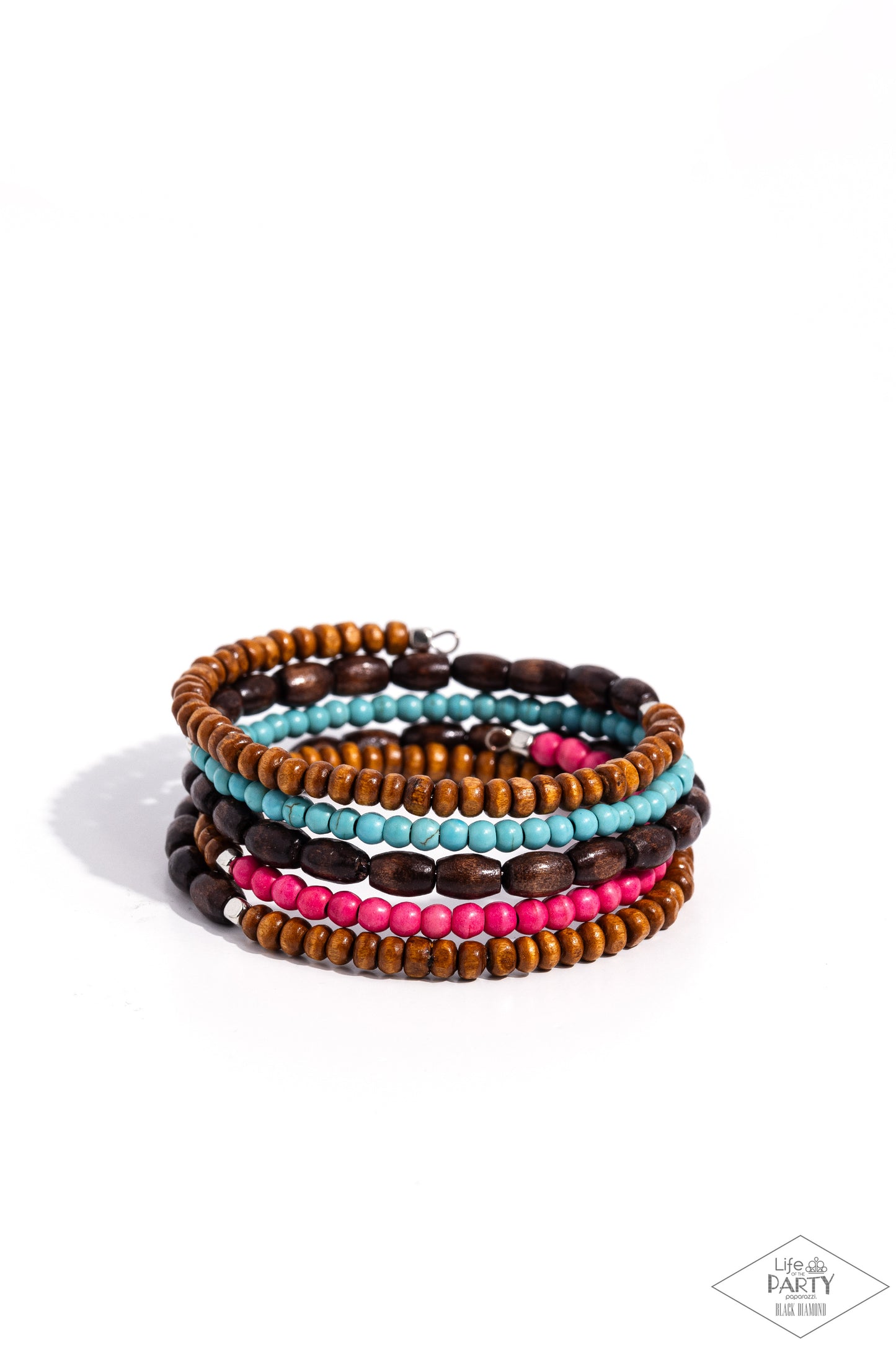 Its Human Nature - Multi Colored Wood Bead Turquoise & Pink Seed Bead, Brown Wood Coil Bracelet Life Of The Party Black Diamond Encore Paparazzi B1504