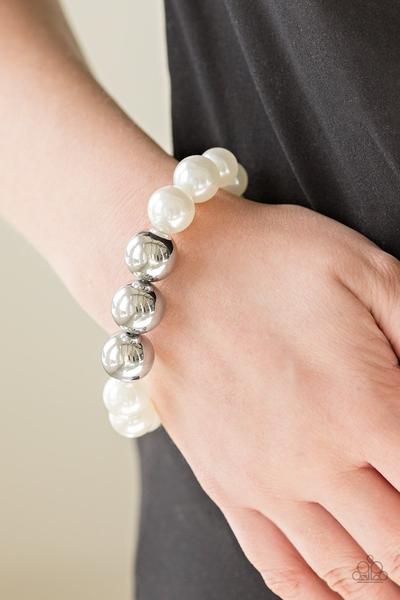 All Dressed Uptown White Silver Stretchy Bracelet Paparazzi B0045