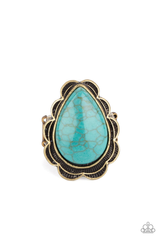 Badlands Romance Blue Brass Cracked Stone Brass Ring Paparazzi R0194