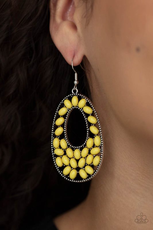 Beaded Shores Yellow - Bright Yellow Silver Frame Earring Paparazzi E0131