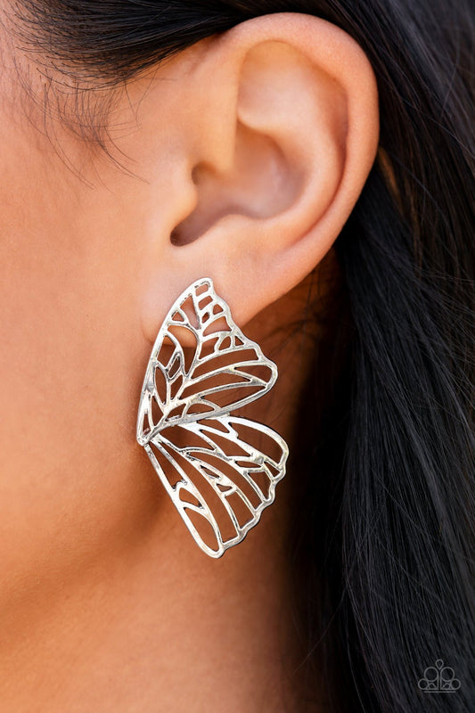 Butterfly Frills Silver Post Earring August 2021 Life Of The Party Paparazzi E0200