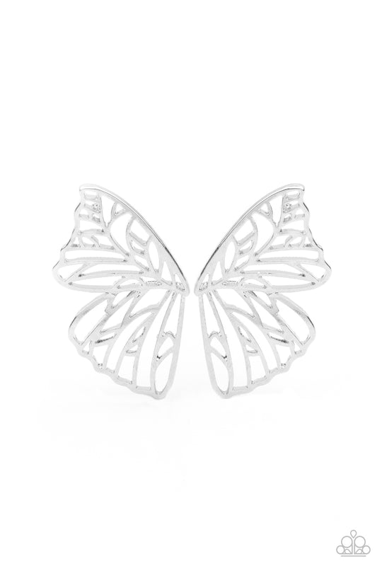 Butterfly Frills Silver Post Earring August 2021 Life Of The Party Paparazzi E0200