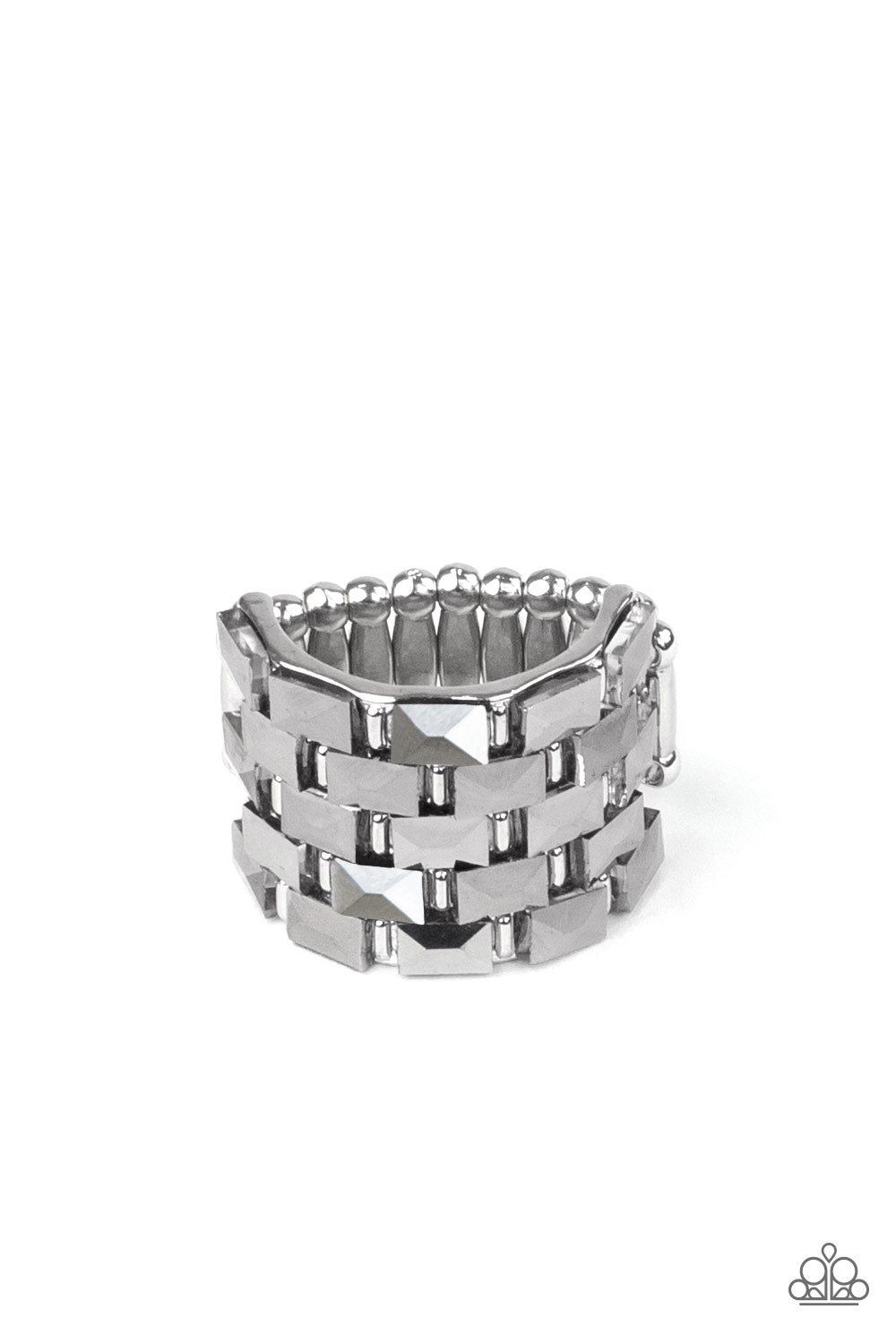 Checkered Couture Silver Hematite Rhinestone Ring Paparazzi R0664