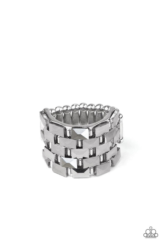 Checkered Couture Silver Hematite Rhinestone Ring Paparazzi R0664