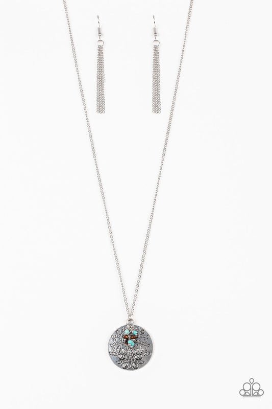 Desert Abundance Blue Turquoise Stone Floral Embossed Necklace Paparazzi N0032