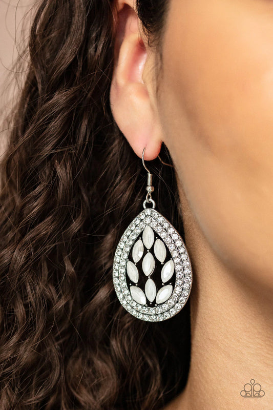 Encased Elegance White Iridescent Rhinestone Earring Paparazzi E0036