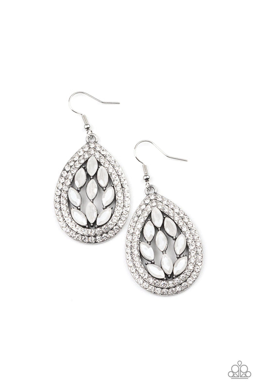 Encased Elegance White Iridescent Rhinestone Earring Paparazzi E0036