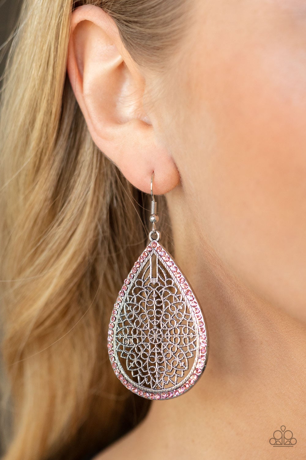 Fleur de Fantasy Pink Rhinestone Oversized Silver Teardrop Earring Paparazzi E0365