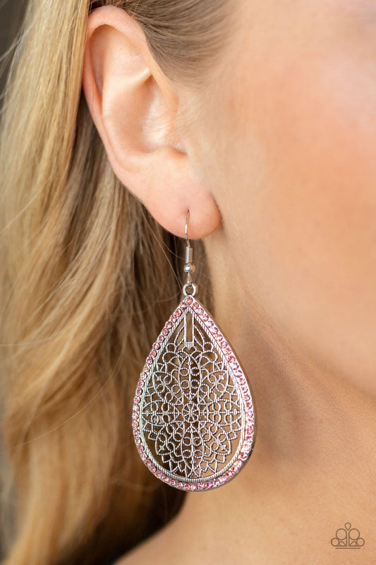 Fleur de Fantasy Pink Rhinestone Oversized Silver Teardrop Earring Paparazzi E0365