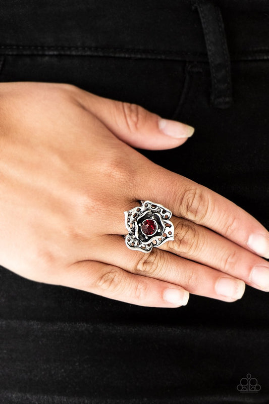 Glowing Gardens Red Rhinestone Silver Petal Ring Paparazzi R0008
