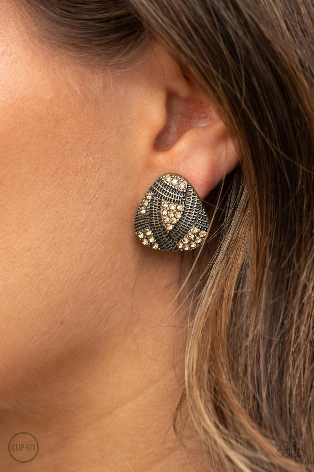 Gorgeously Galleria Brass Topaz Rhinestone Clip-On Earring Paparazzi E0066