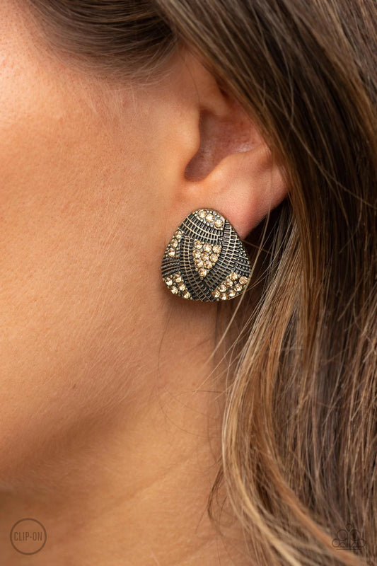 Gorgeously Galleria Brass Topaz Rhinestone Clip-On Earring Paparazzi E0066