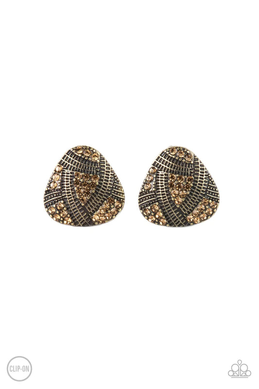 Gorgeously Galleria Brass Topaz Rhinestone Clip-On Earring Paparazzi E0066