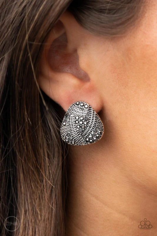 Gorgeously Galleria Silver Smoky Hematite Rhinestones Clip-On Earring Paparazzi E0101