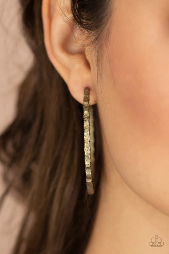 Grungy Grit Brass Hoop Earring Paparazzi E0019