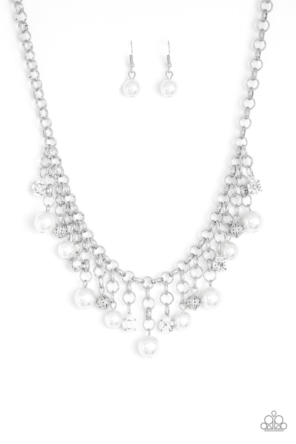 Heir-Headed White Pearl & White Rhinestone Fringe Necklace Paparazzi N0636