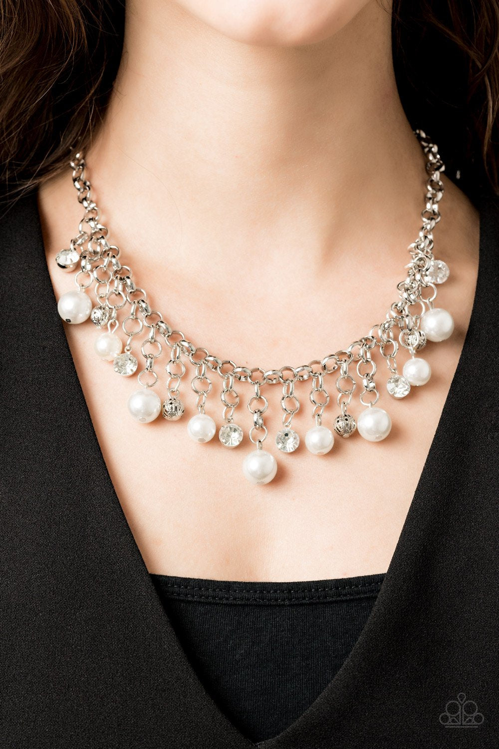 Heir-Headed White Pearl & White Rhinestone Fringe Necklace Paparazzi N0636