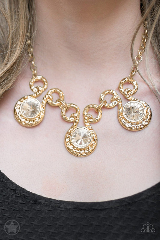 Hypnotized Gold & Oversized Rhinestone Blockbuster Necklace Paparazzi N0106
