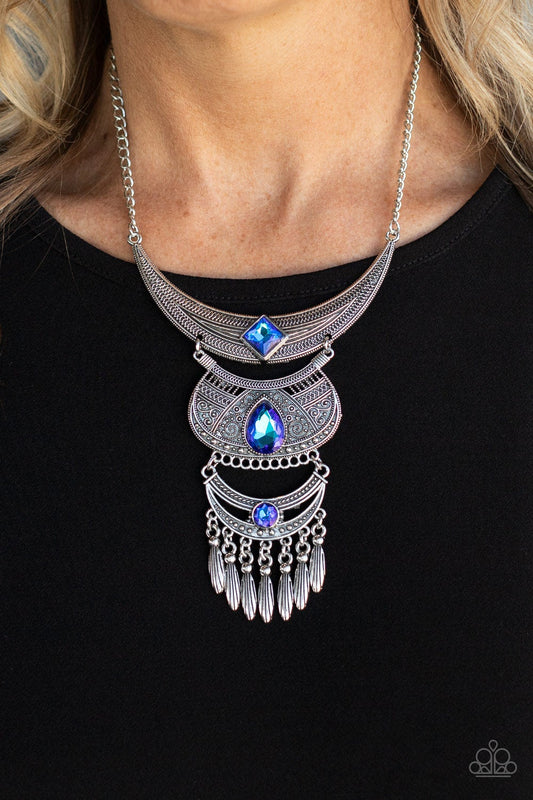 Lunar Enchantment - Blue UV Shimmer Rhinestone Silver Half Moon Plate Necklace Paparazzi N0314