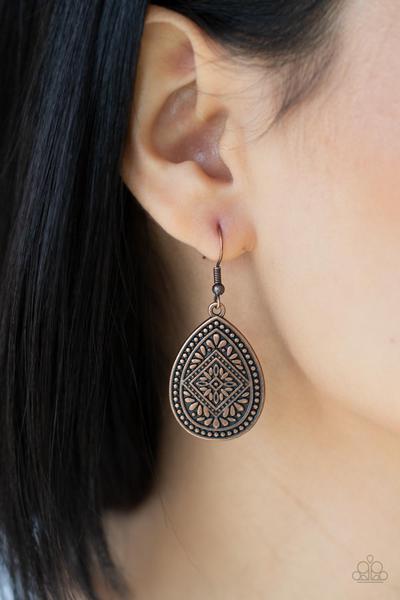 Mayan Mecca Copper Geometric Pattern Teardrop Earring Paparazzi    E0121