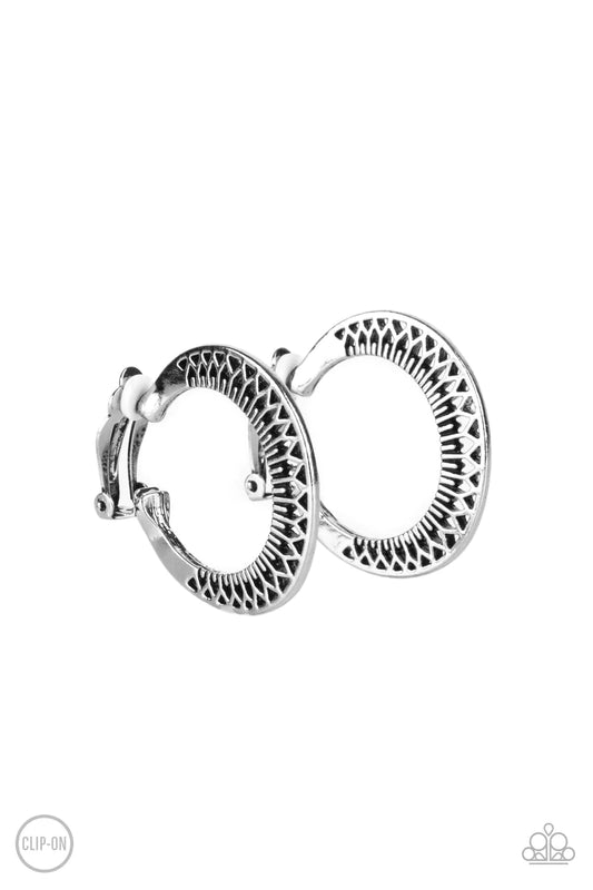 Moon Child Charisma Silver Floral Hoop Clip-On Earring Paparazzi E0784