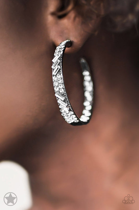 Glitzy by Association Gunmetal White Rhinestone Blockbuster 1 3/4 Inch Hoop Earring Paparazzi  E0003