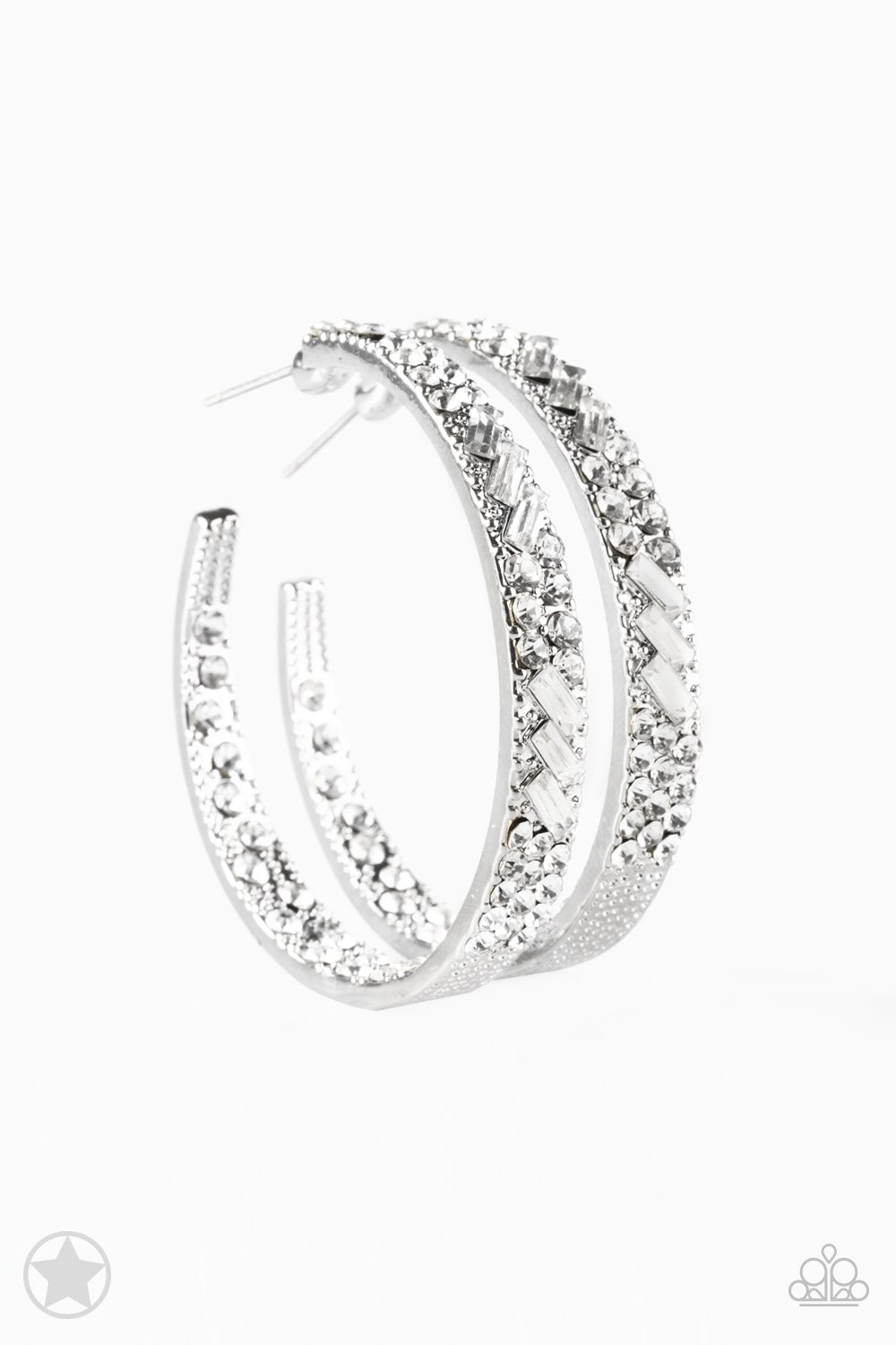 Glitzy by Association White Rhinestone Silver 1 3/4 Inch Hoop Blockbuster Earring Paparazzi E0024