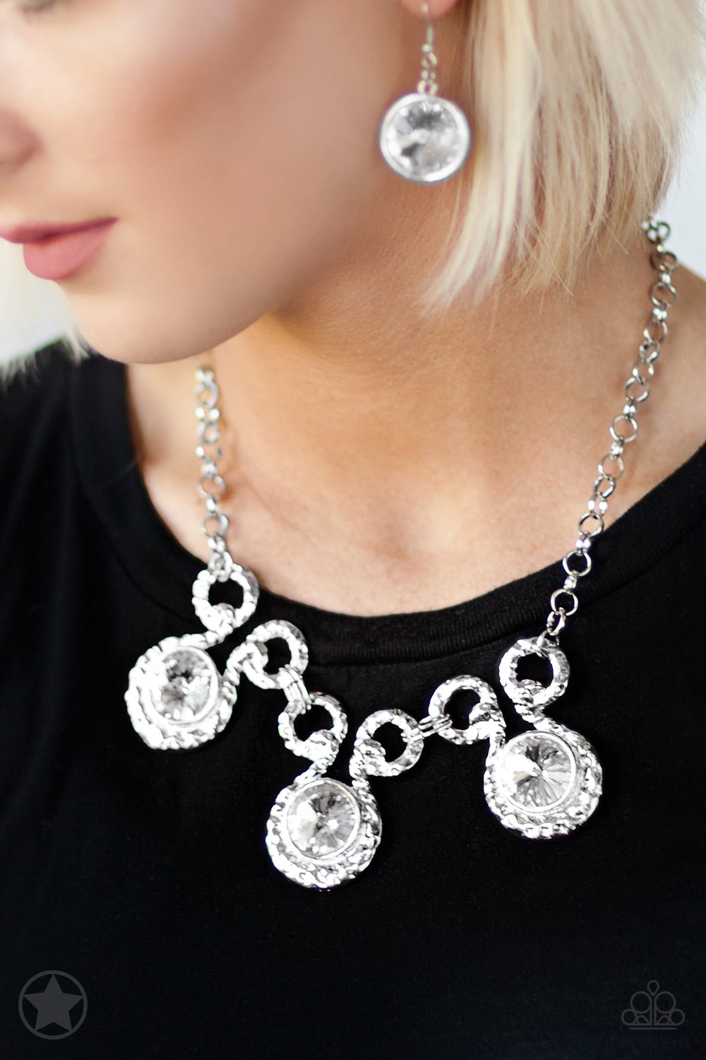 Hypnotized White Rhinestone Silver Blockbuser Necklace Paparazzi N0105