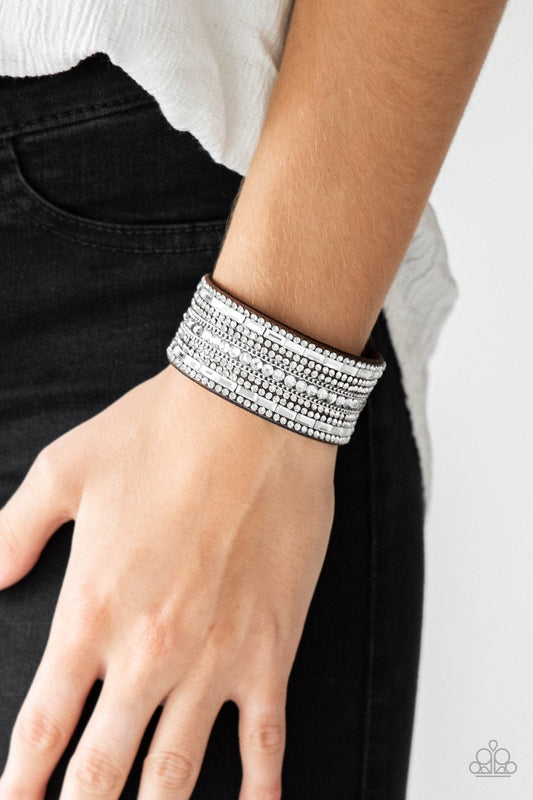 Rebel Radiance Brown Suede White Rhinestone Wrap Snap Bracelet Paparazzi B0021