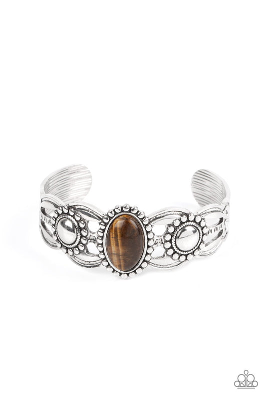 Solar Solstice Brown Tiger's Eye Stone Silver Cuff Santa Fe Style Bracelet Paparazzi B0242
