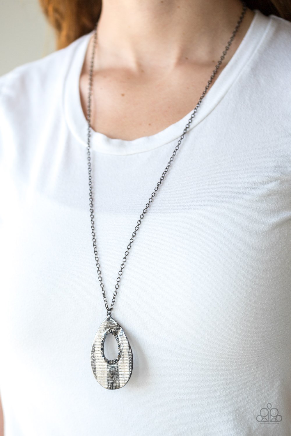 Stop Teardrop And Roll Multi Blue, Hematite, Smokey Rhinestone Gunmetal Teardrop Necklace Paparazzi N0304