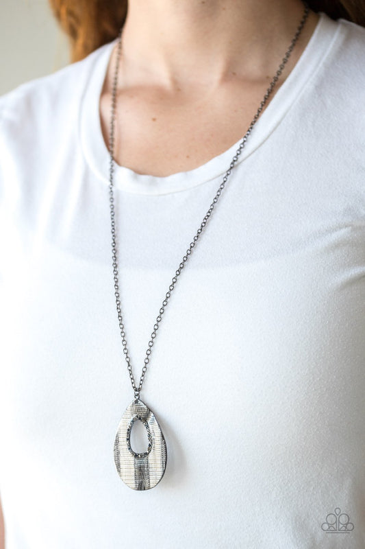 Stop Teardrop And Roll Multi Blue, Hematite, Smokey Rhinestone Gunmetal Teardrop Necklace Paparazzi N0304