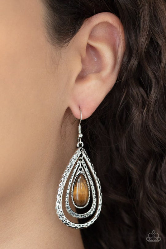 Teardrop Torrent Brown Tiger's Eye Earring Paparazzi E0067