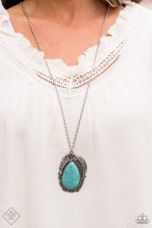 Tropical Mirage Blue Turquoise Stone Silver Feather Santa Fe Style Necklace Paparazzi N0129