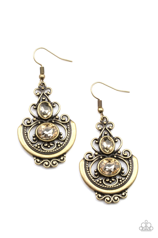 Unlimited Vacation Brass Golden Rhinestone Earring Paparazzi E0068